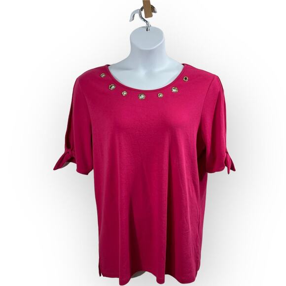 Quacker Factory Pink Knit Grommet Top Rhinestone Split Sleeve 1X - Picture 3 of 9